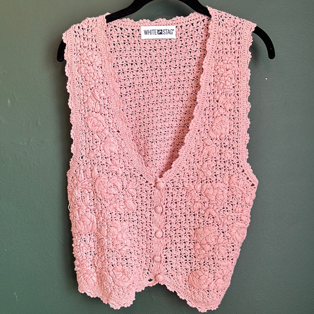 Vintage White Stag Pink Crochet Vest